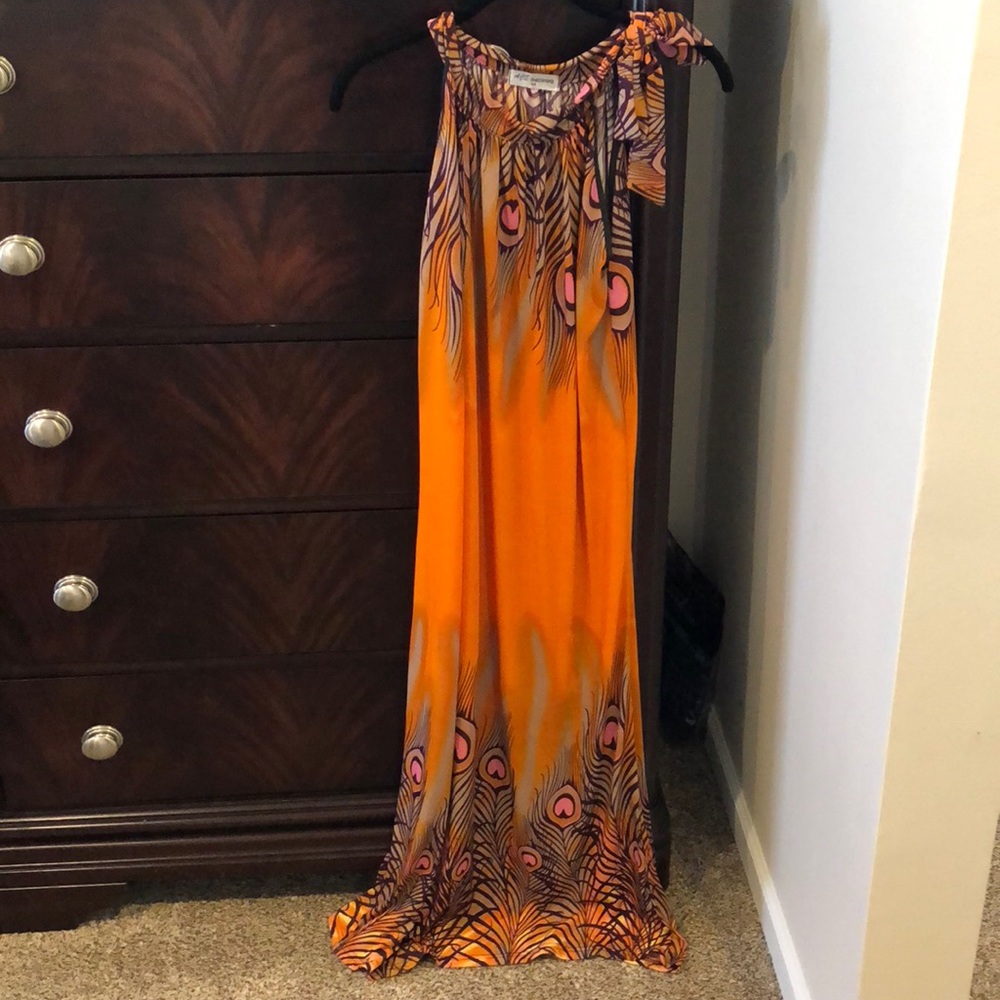 Orange peacock maxi dress